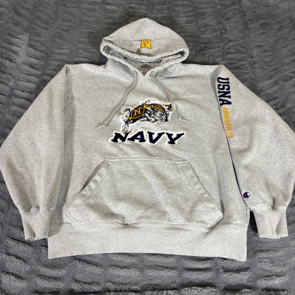 Champion US Navy Annapolis Hoodie Gray Bill The Goat Mascot Mens L AR881